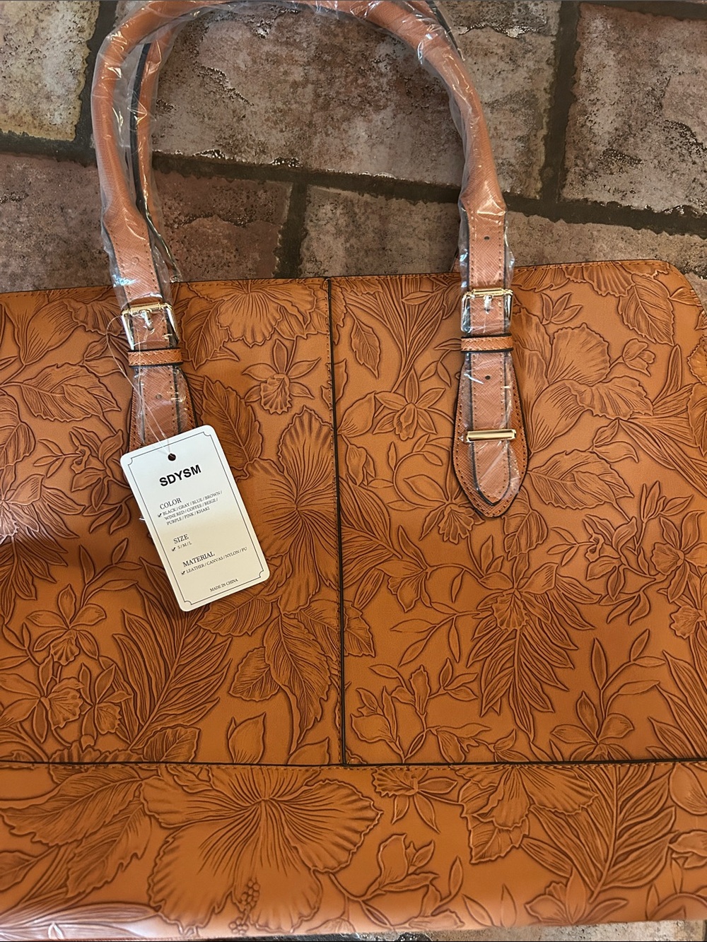 Tan Floral-Embossed Tote Bag